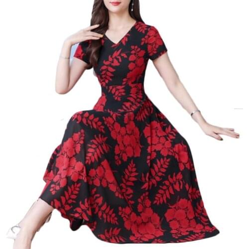 Casual Lady Dresse Fashion Floral Print Tight Waist Large Swing V-Neck Short Sleeve Maxi Dress Summer elegant xxxl vestidos