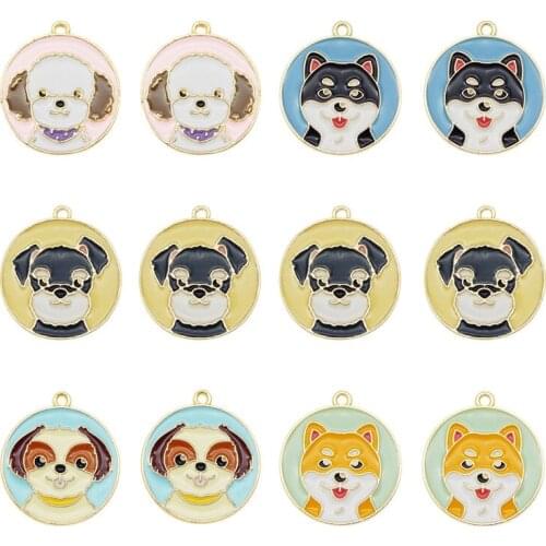 Julie Wang 5PCS Enamel Dog Tag Charms Round Cartoon Teddy Shiba Animal Pendant Bracelet Earrings Jewelry Making Accessory