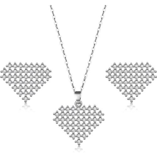 AAA Zircon Full Pave Stud Earrings Big Love Heart Pendant Chain Silver Necklace Bridal Jewelry Set For Women Wedding Engagement