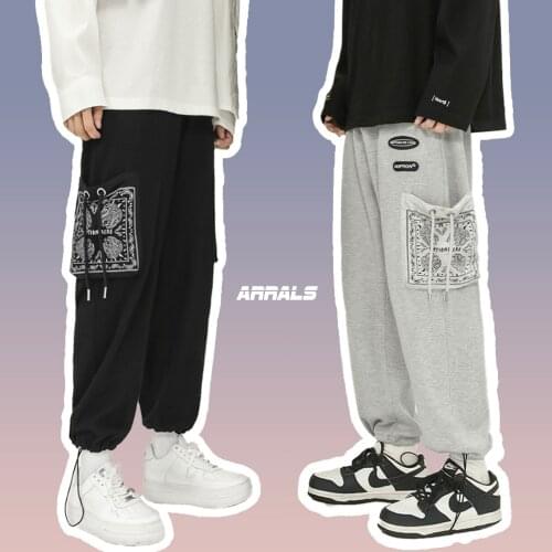 Cargo Pants Cashew Flower Print Pocket Straight Casual Sweatpants Unisex Streetwear Drawstring Ankle Banded Trousers Pants