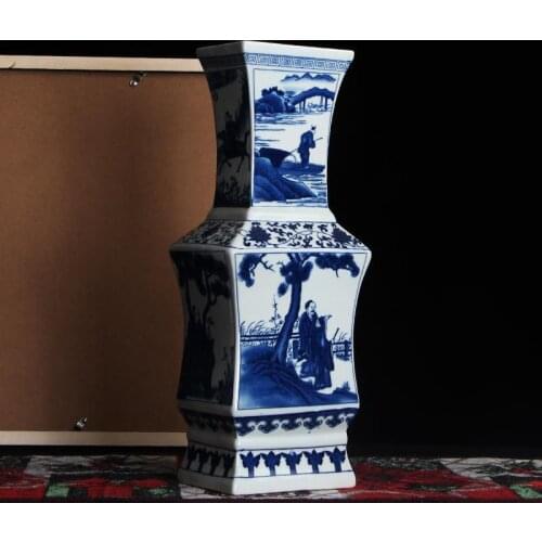 Jingdezhen ceramic Ming And Qing, New Classical Four Square Blue And White Chinese Vase Ornaments Antique porcelain vase