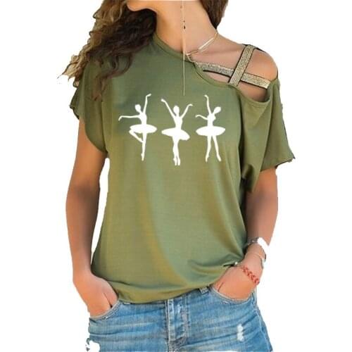 Ballerina printed women cotton fashion t shirt print Womens summer tees streetwear Irregular Skew Cross Bandage Tshirt