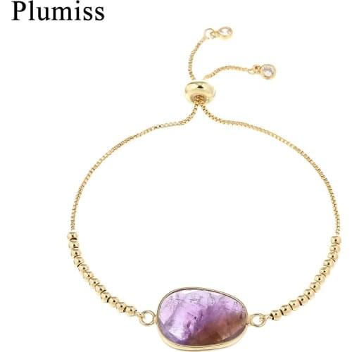 Geometric Amethyst Charm Bracelet Trendy Natural Stone Gold Color Stainless Steel Link Chain Bracelets Jewelry