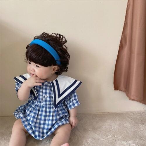 INS Korean 2021 Summer New Baby Girl Big Sailor Collar Short-sleeved Romper Toddler Plaid Romper Baby Jumpsuits Toddler Infant