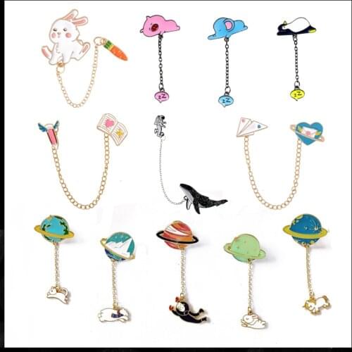 Creative Pendant Chain Enamel Brooch Planet Astronaut Animal Elephant Bear Whale Rabbit Book Heart Shape Alloy Badge Cartoon Pin