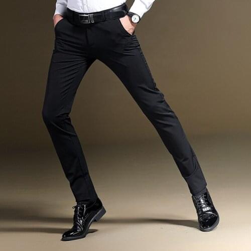 Mens casual pants fitness slim polyester blends long trousers plus size 2019 fall elastic black young slacks no iron