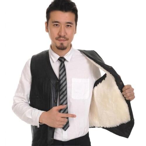 Man Autumn Plus Size V-neck Black Single Breasted Thick 100% Sheepskin Fur Vest Male Winter Oversized Warm Sheepskin Fur Vest