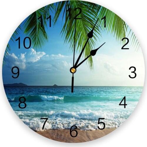 Tropical Beach Surf Sky Coconut Leaf Wall Clock For Home Decoration Living Room Quartz Needle Hanging Watch Modern Kitchen Clock