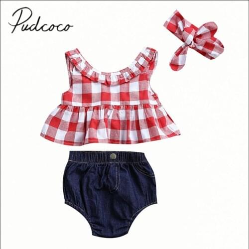 2018 Brand New 3pcs Kids Toddler Infant Newborn Baby Plaid Outfit Checked Tops Blue Pants Fashion Summer Clothes Hairband Sets