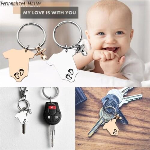 Personalized Master Customized Keyrings Stainless Baby Statistics Jumpsuits Pacifier Charm Footprint Birth Announcement Keychain