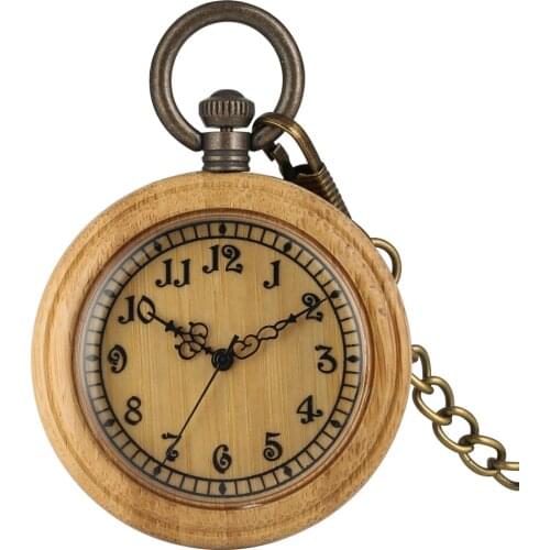 Attractive Bamboo Beige Case Pocket Watch for Women Arabic Numerals Round Dial Durable Pendant Chain