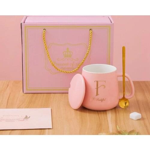 Pink Mugs Coffee Cups Set for Best Friend Daughter Gift with Lid & Spoon 26 Letters Custom Mug Office Cute Ceramics Water Cup