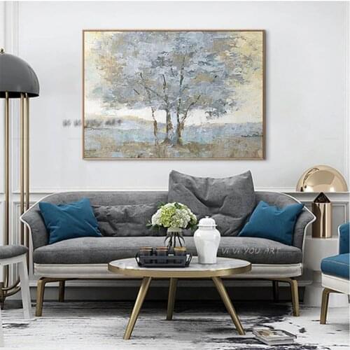 Hand Painted Gold Foil Tree Landscape Minimalist Abstract Oil Painting Modern On Canvas Wall Art Decorative For Living Room
