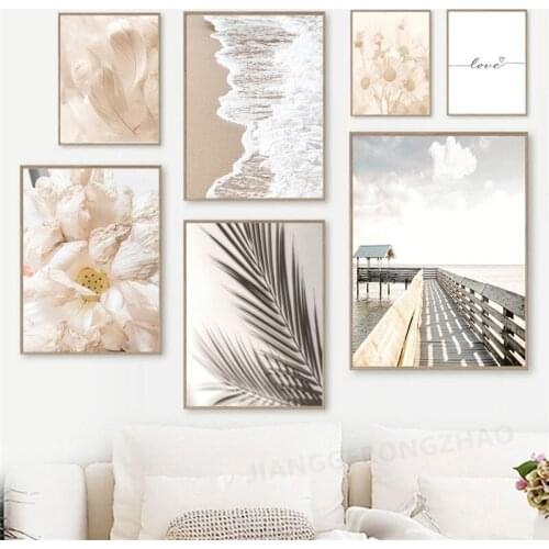 Nordic Home Decor Wall Art Canvas Painting Beige Flower Beach Scenery Picture Bohemia Posters and Prints for Living Room Design
