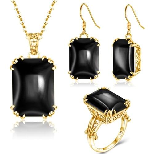 Szjinao Silver Jewelry Set for Women 925 Sterling Silver Black Onyx Earrings Ring Set Gothic Vitage Fine Jewelry Handmade Enamel