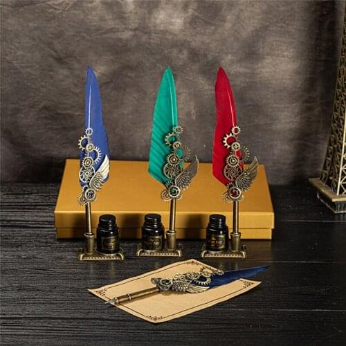 Vintage Feather Fountain Pen Ink Bottle Calligraphy Set Writing Dip Pen Envelope Invitation Card Seal Wax Sealing Stamps Decor