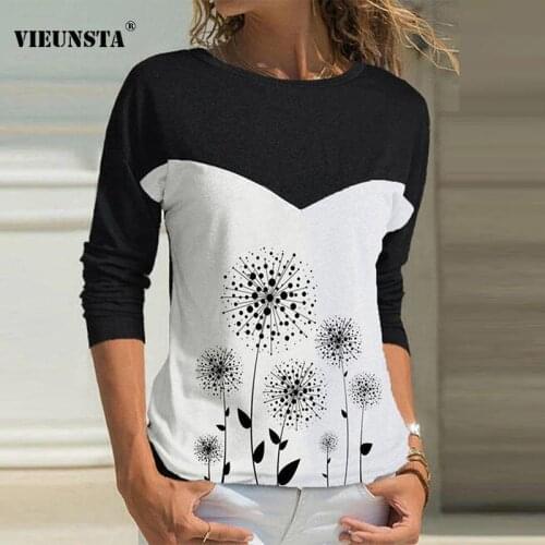 Fashion Dandelion Printed Patchwork Tee Shirts Women Casual O Neck Long Sleeve Tops Pullover Autumn Elegant Office Lady T Shirt