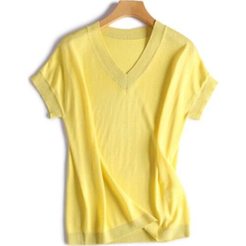 Silk modal blend v-neck thread knit women fashion solid breif thin t-shirt tees short sleeve pink 7color one&over size
