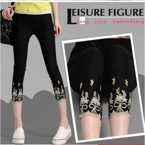 Womens Leggings Thin Cotton 3/4 Capri High Waist Tummy Control Embrodiary Lace Short Legin Plus Size 7XL 6XL 5XL XS White Black