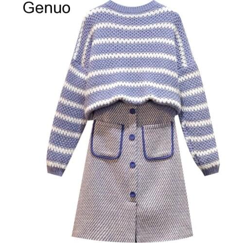 Short Skirt Set Autumn Winter Sweater Two Piece Knitted Top And Thin A-line Skirt Casual Sets Thick Warm Outfit Women 2020 New