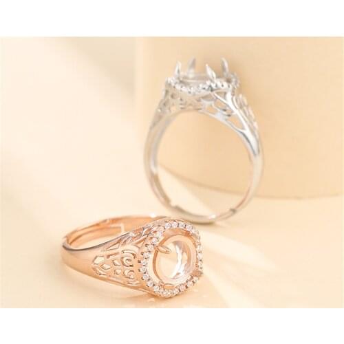 Ring Setting for 8x8mm Round Cabochons Ring Base Gold Plated 925 Silver Zircon Adjustable Ring Blank SR0351