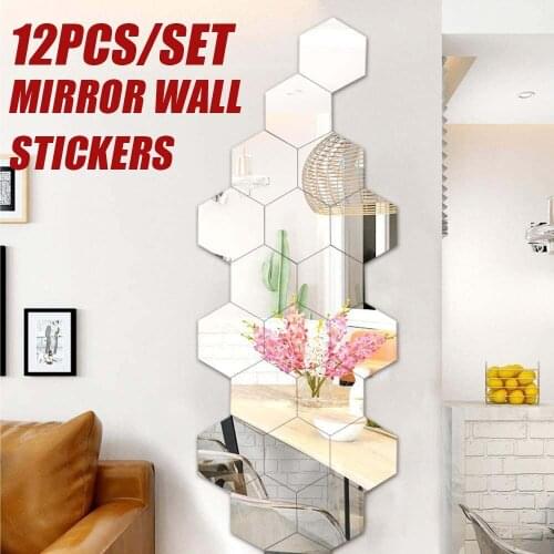 1/12pcs Mirror Wall Stickers Modern Hexagon Geometric Pattern Removable Wall Decals DIY Art Home Bathroom Decoration