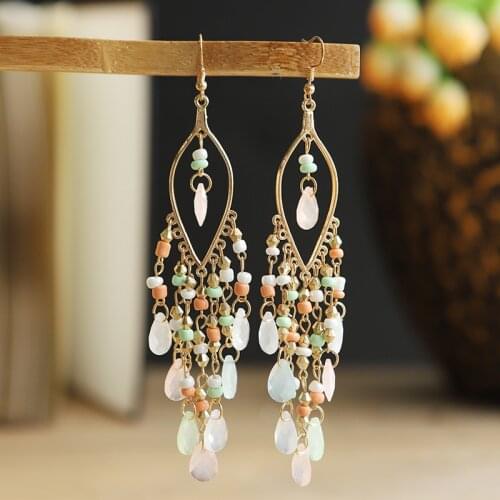 2020 Fashion Crystal Beads Long Tassel Dangle Earrings For Women Bijoux Summer Indian Jewelry Bohemian Wedding Earrings Hangers