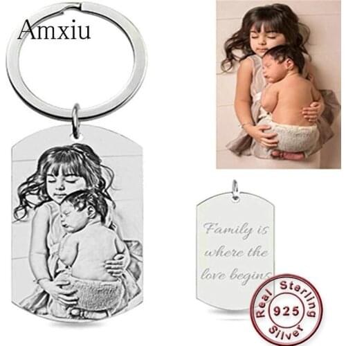 Amxiu Custom Photo 925 Sterling Silver Keychain Engrave Name Words Key Accessories Square Jewelry Women Men Gifts Kids ID Tags