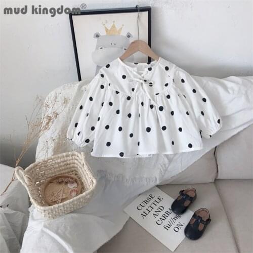 Mudkingdom Fashion Dot Blouses for Toddler Belt Long Puff Sleeve Crew Neck Tops Casual Spring Autumn Shirt Children Clothing