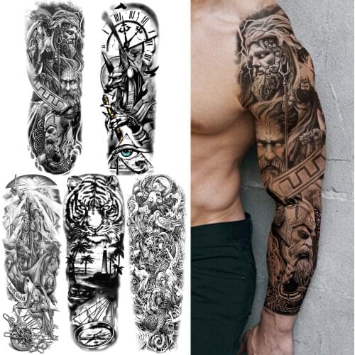 Large Warrior Temporary Tattoo Sleeve For Men Women Geometry Compass Tattoos Sticker Black Tiger Foest Fake Full Arm Tatoo Kids