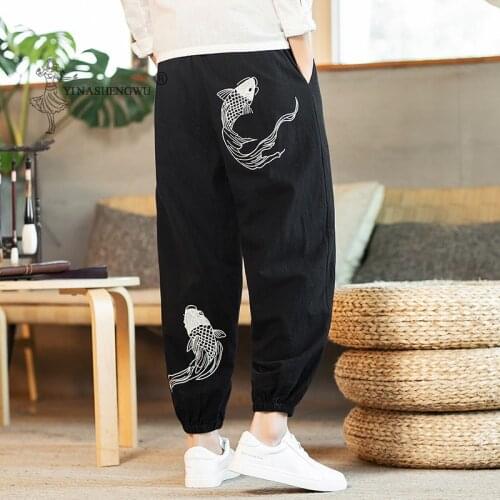 Kimonos Japanese Style Carp Embroidered Pants Harajuku Yukata Beam Feet Harem Men Asian Japan Traditional Cropped Male Costume