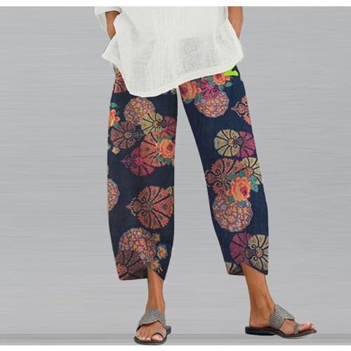 Vintage Printed Harem Pants Women 5xl Plus SizeTrousers Elastic Waist Cotton Linen Wide Leg Pants Loose Pantalon Summer Pant A20
