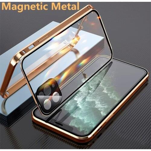 Double Sided Glass Magnetic Metal Phone Case for IPhone 11 12 Mini Pro Max X XS Max XR with Camera Lens Protection Magnet Cover