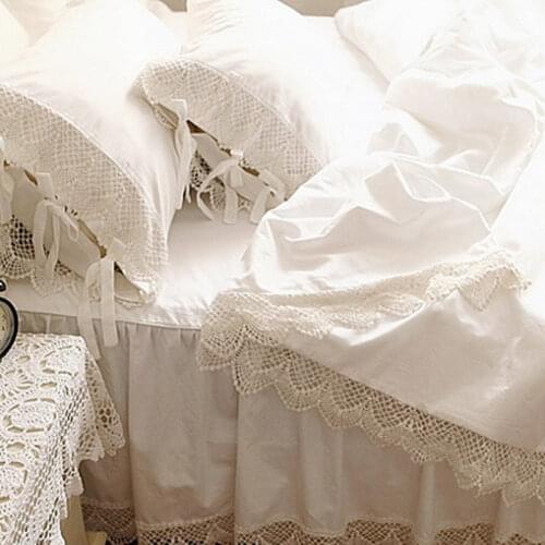 Top Romantic bedding set elegant European wide white satin duvet cover Crochet Lace bedspread cotton wedding bedding bedskirt
