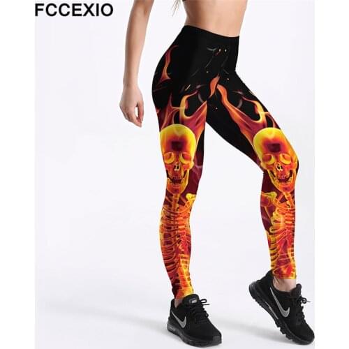 FCCEXIO High Quaility 3D Fire Skull Digital Printing Women Legging High Waist Fitness Stretch Leggings Workout Pants