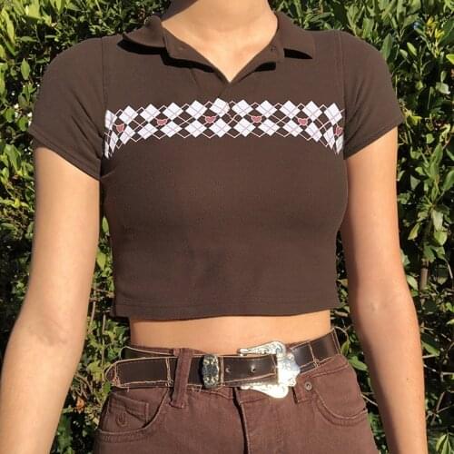 90s Streetwear Argyle Plaid Brown Baby Tees Indie Aesthetics Y2K Pattern Short Sleeve Polo T-shirts Vintage Outfits Slim