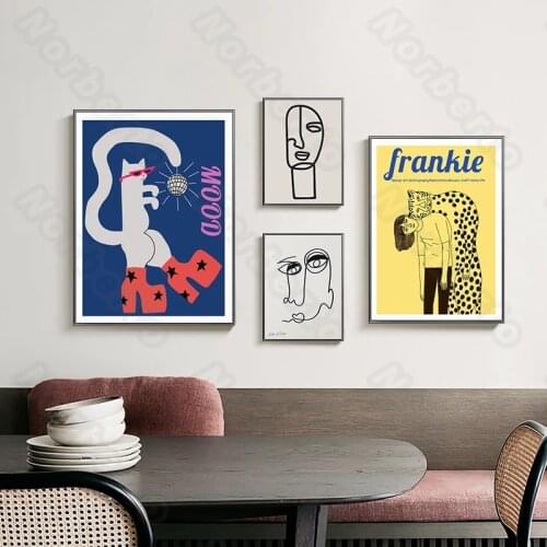 Nordic Style Canvas Painting Poster Face Black Lines Bright Colors Blue Red Yellow Human and Animals for Home Rooms Wall Decora