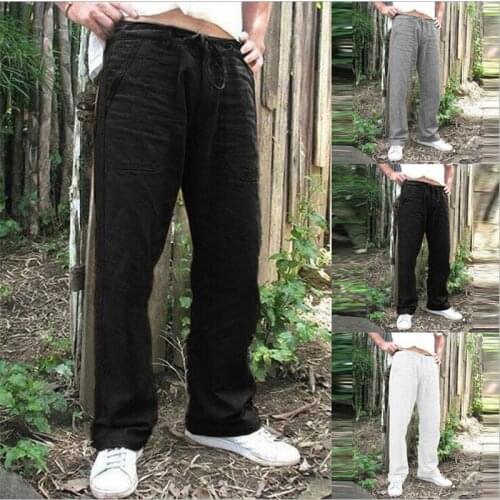 Summer Mens Cotton Linen Trousers Summer Pants 2XL Casual Male Solid Elastic Waist Straight Loose Pants Plus Size