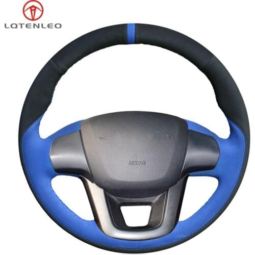 LQTENLEO Black Blue Suede Hand-stitched Car Steering Wheel Cover For Kia K2 2010-2016 Kia Rio 2011 2012 2013 2014 2015 2016