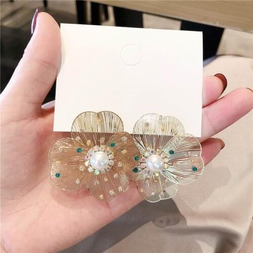 Fashion Rhinestone Paved Big Metallic Flower Earrings For Women Gold-Color Personality Statement Large pendientes