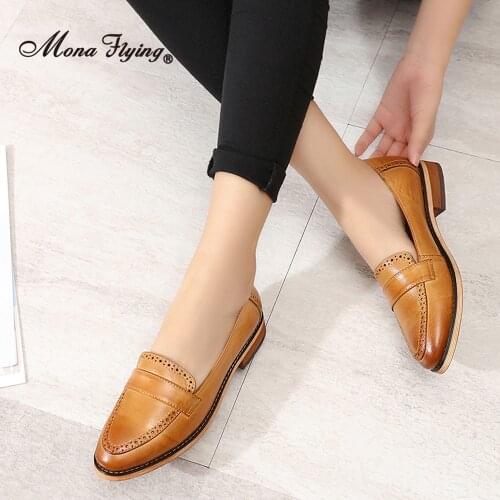 Mona Flying Women Leather Causal Slip-on Penny Loafer Hand-made Comfort Flat Classic Autumn Shoes for Ladies 2021 New H618-3
