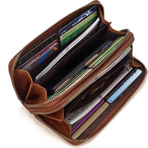 Mens Clutch Wallet Large Capacity Genuine Leather Long Double Zipper Phone Purse Wrist Band Male Money Bag with Coin Pocket