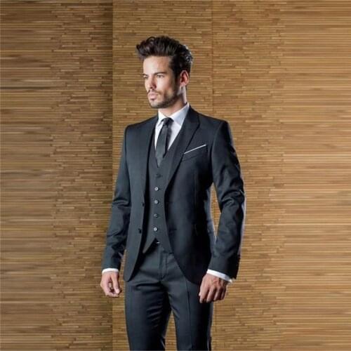 Charcoal Custom Mens Wedding Suits Peaked Lapel Slim Fit Grooms Tuxedo Three Pieces Business Suit (Jacket+Pants+Vest)