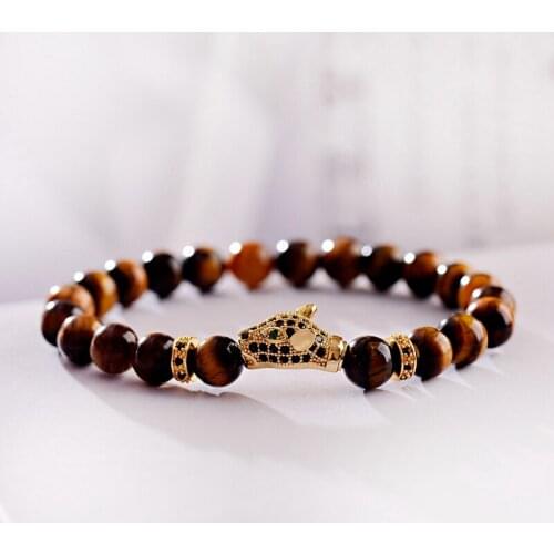 Natural Tiger Eye Stone Beads Bracelet Men Vintage Gold Leopard Head Elastic Bracelets&Bangles For Women
