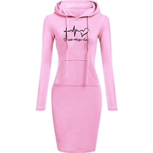 New Women Dresses Long Sleeve Hooded Pockets Pullover Hoodie Dress Print Sweatshirt Autumn Sports Casual Lady Clothing