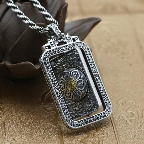 Manufacturers Wholesale S925 Sterling Silver Jewelry Six Word Square Rectangular Tag Personality Thai Silver Retro Chain Pendant