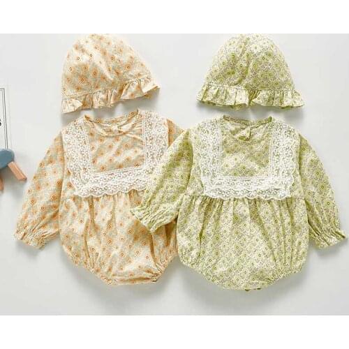 Autumn Baby Girls Clothes Floral Baby Bodysuit Ruffle Lace Dcoration Baby Girls Clothes Spring Baby Jumpsuit Plus Hat Outfits
