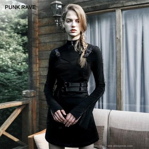 PUNK RAVE Girls Elastic Fitted Suspender Black Dresses with Belt Two Wear Casual Club Dress