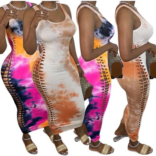 Plus Size Women African Long Dresses Sexy Hollow Out Sleeveless Sundress Tie-dye Printed Tank Strapless Summer Outfit Maxi Dress