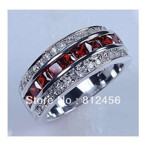 Size 8/9 /10/11/12 Classic Cocktail Jewelry Red Garnet 10KT White Gold Filled GF Gem Ring Band for Men gift